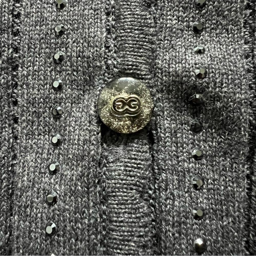 Escada Vtg Wide Ribbed V Neck Embellish Gray Knit Cardigan Sweater Y2K Soft M - Picture 7 of 13